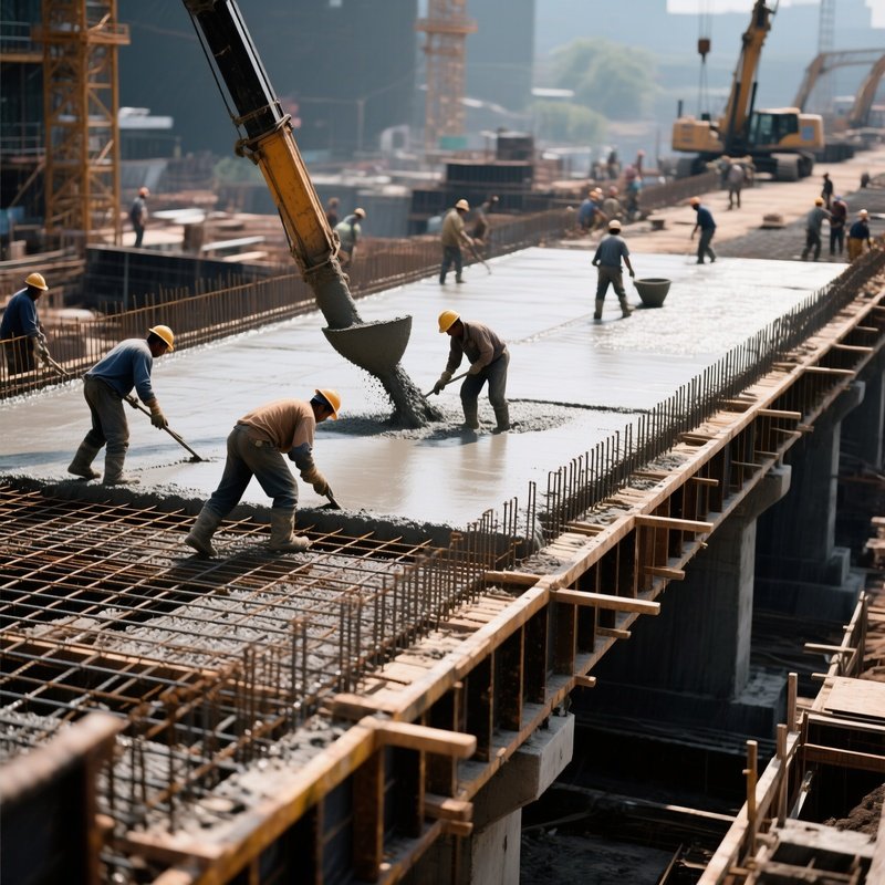 Bridge Concrete Pouring Workers Rebar