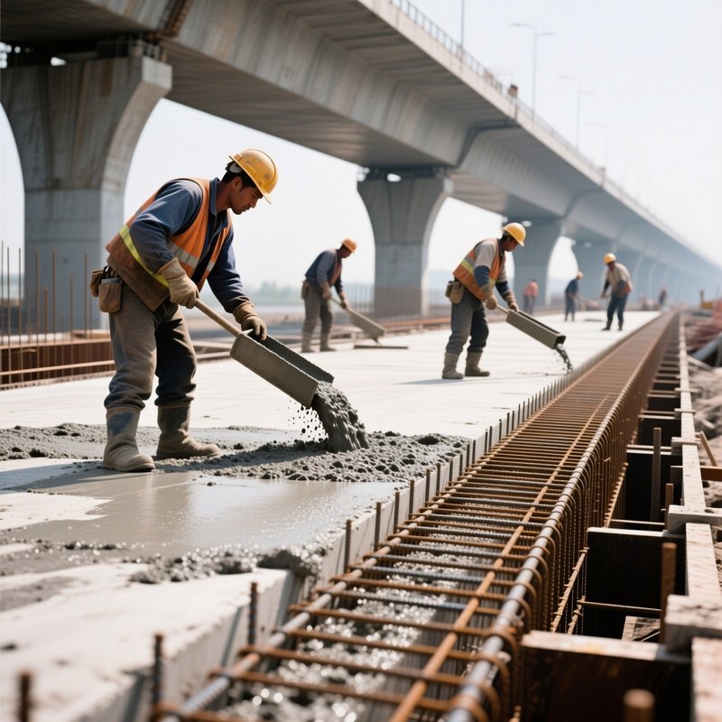 Bridge Construction Pouring Concrete Workers Rebar Grid