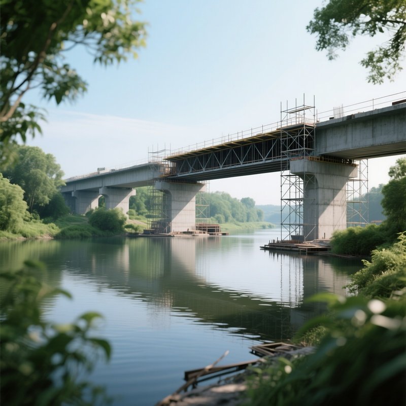 Bridge Under Construction Over Calm River