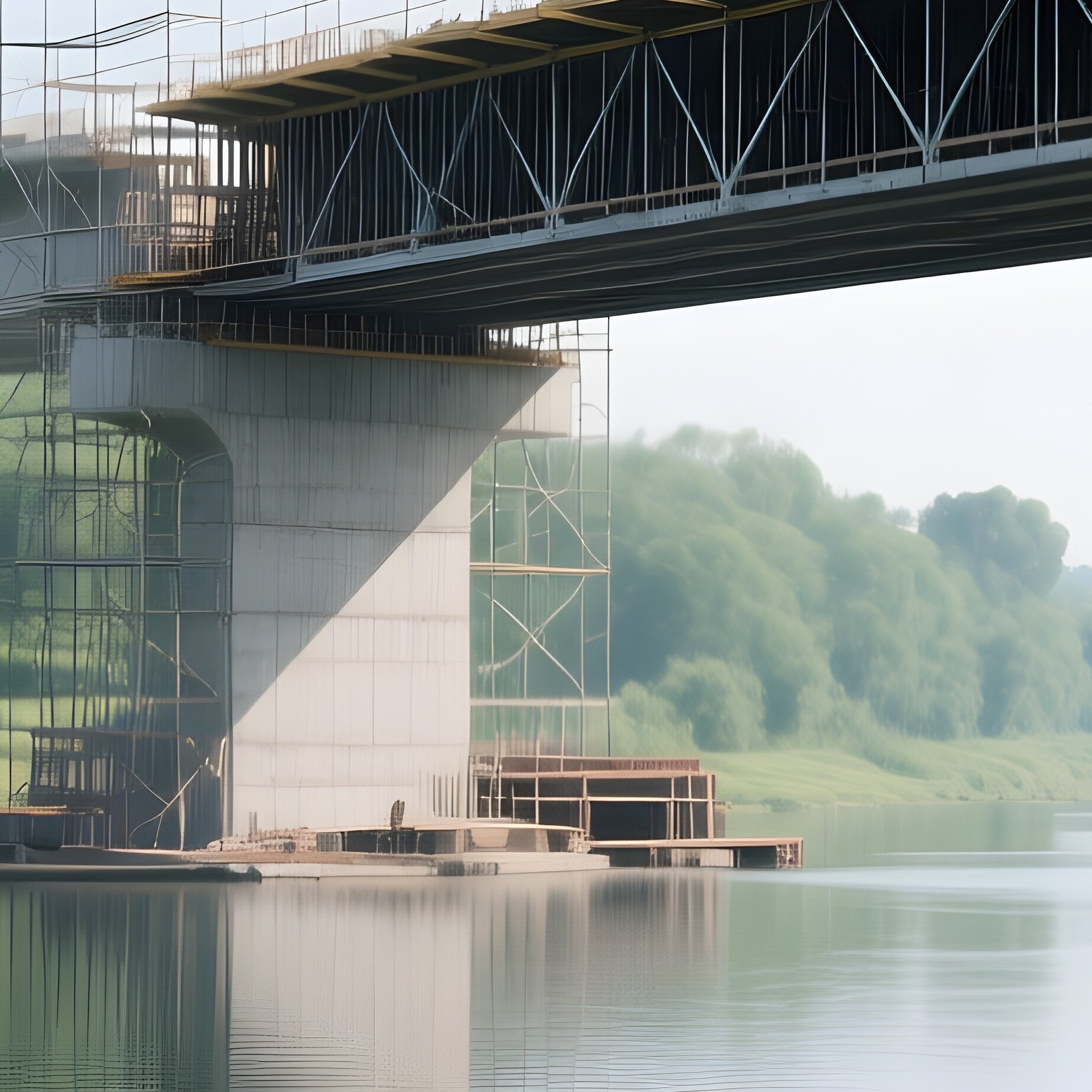 Bridge Under Construction Over Calm River - Full Resolution Quality Preview