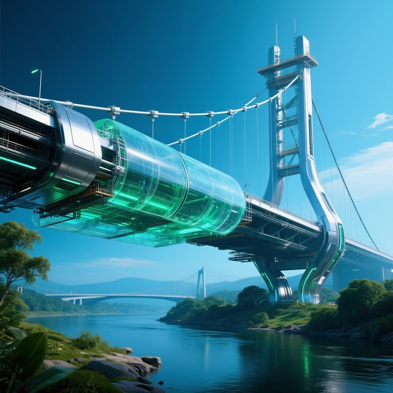 Bridge Under Construction Over Calm River Science Fiction