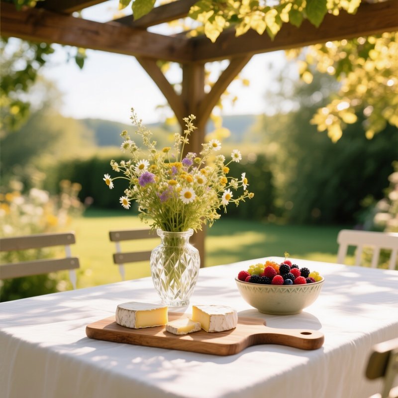 Bright Garden Table Under Pergola At Noon