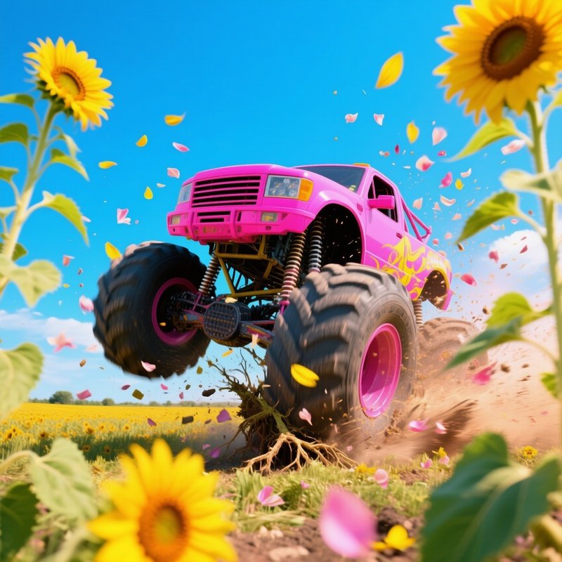 Bright Pink Monster Truck Smashing Through Giant Sunflowers