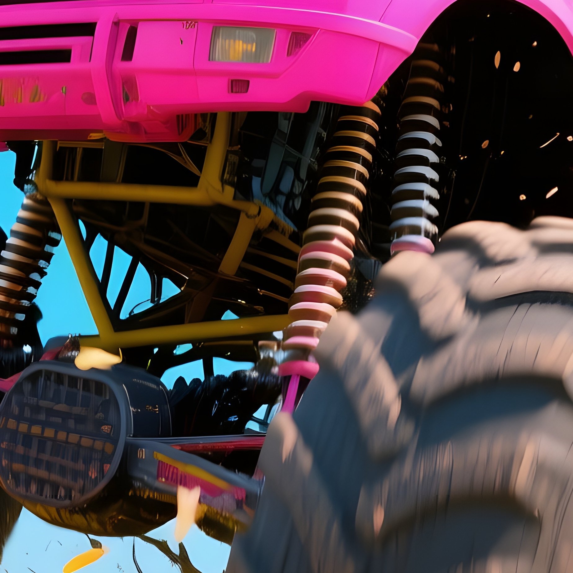 Bright Pink Monster Truck Smashing Through Giant Sunflowers - Full Resolution Quality Preview