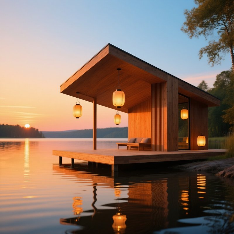 Bright Summer Evening Geometric Wooden Pavilion Lake Shore Lanterns