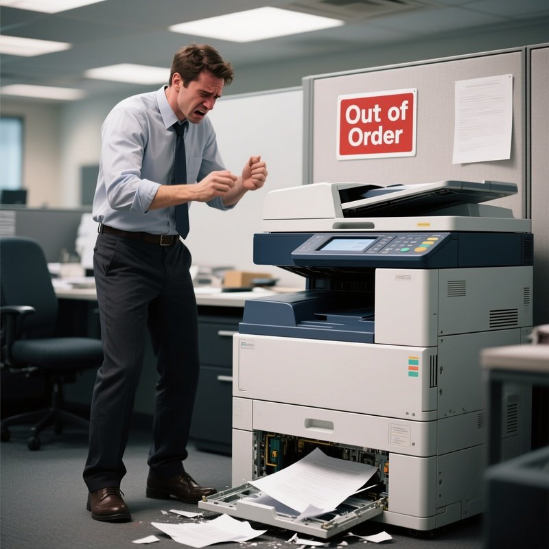 Broken Printer: A Frustrated Employee Standing Next To A Large Office Copier, Opening A Panel To Clear A Paper Jam, With A "Out Of Order" Sign.