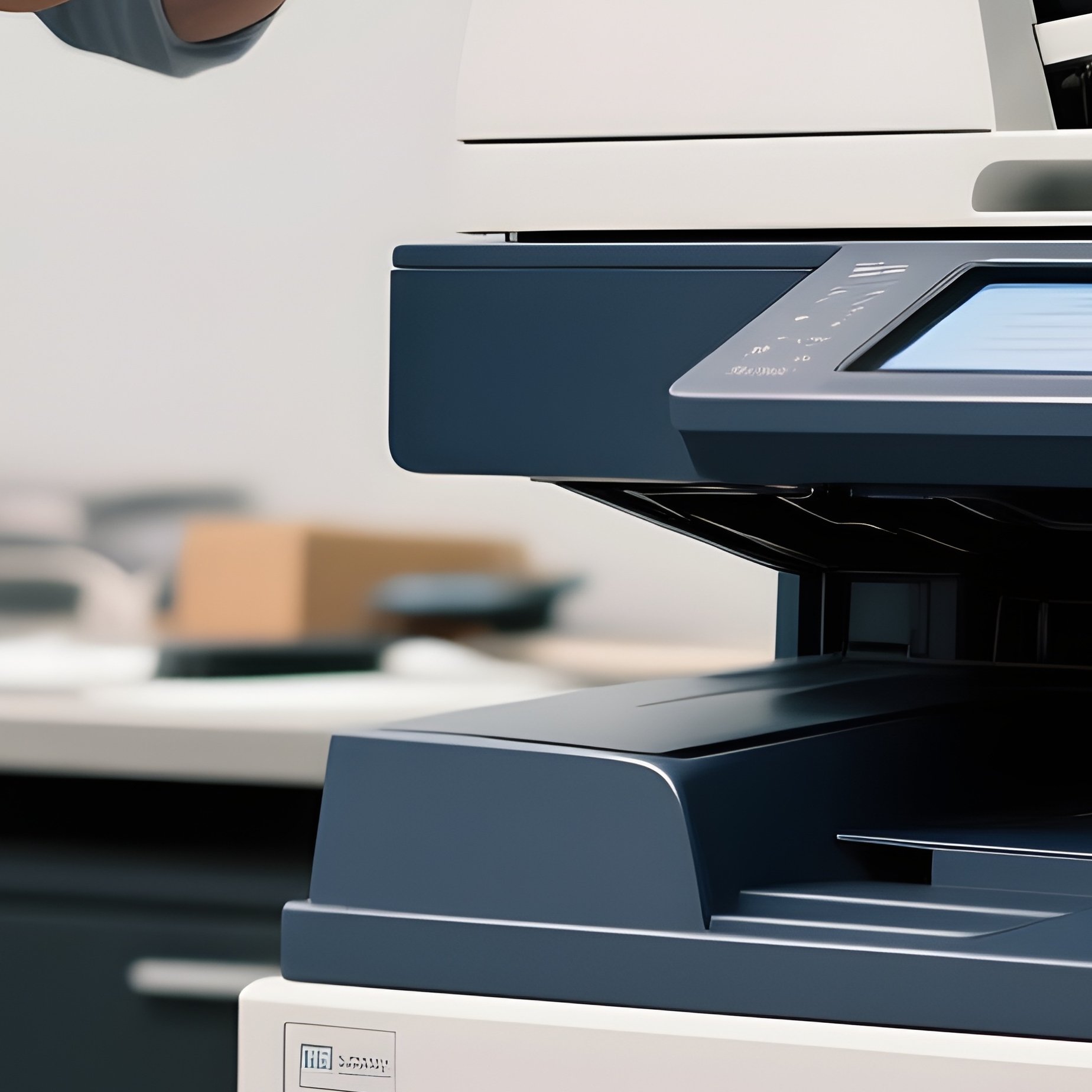 Broken Printer: A Frustrated Employee Standing Next To A Large Office Copier, Opening A Panel To Clear A Paper Jam, With A "Out Of Order" Sign. - Full Resolution Quality Preview
