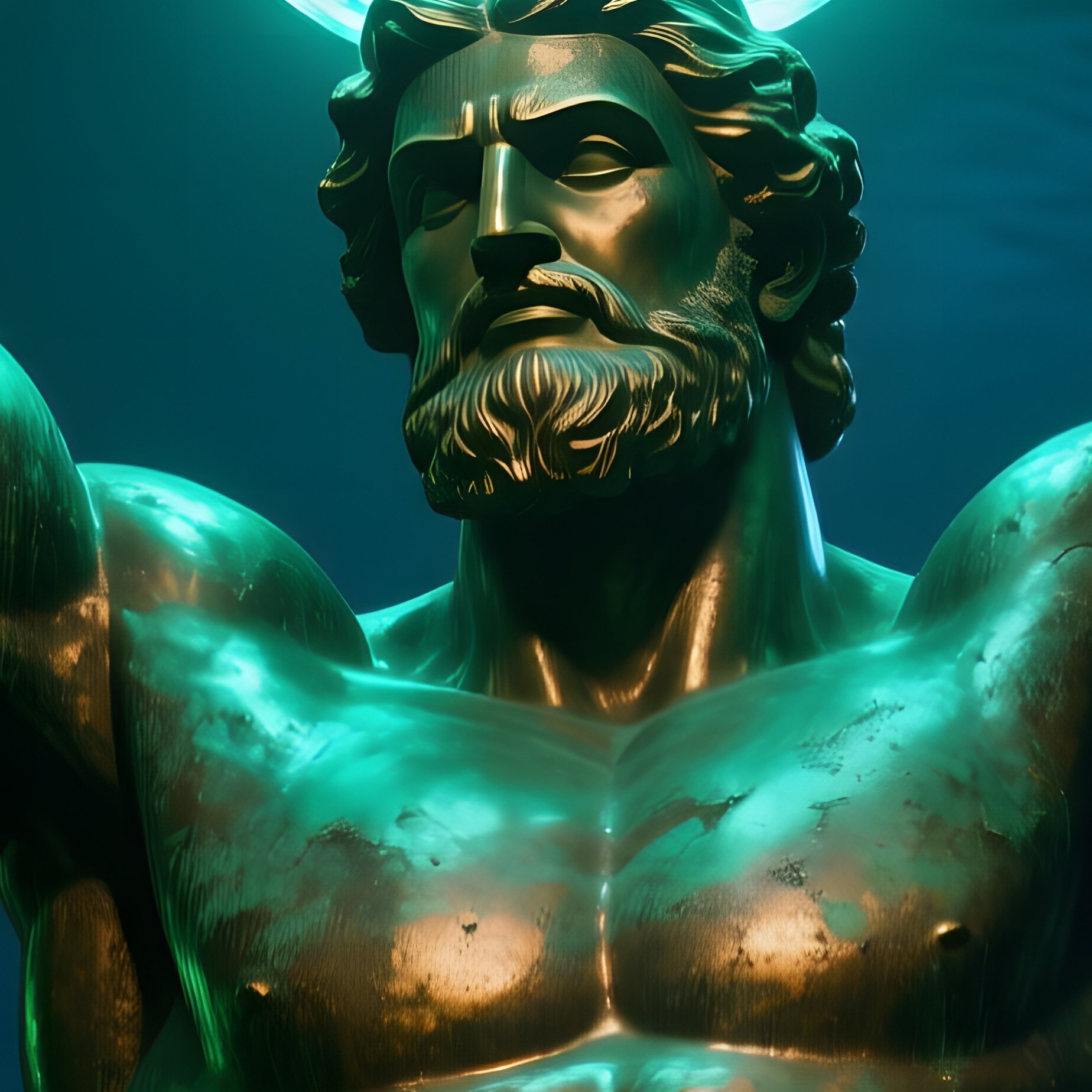 Bronze Atlas Statue Holding Glowing Crystal Sphere In Cavern - Full Resolution Quality Preview