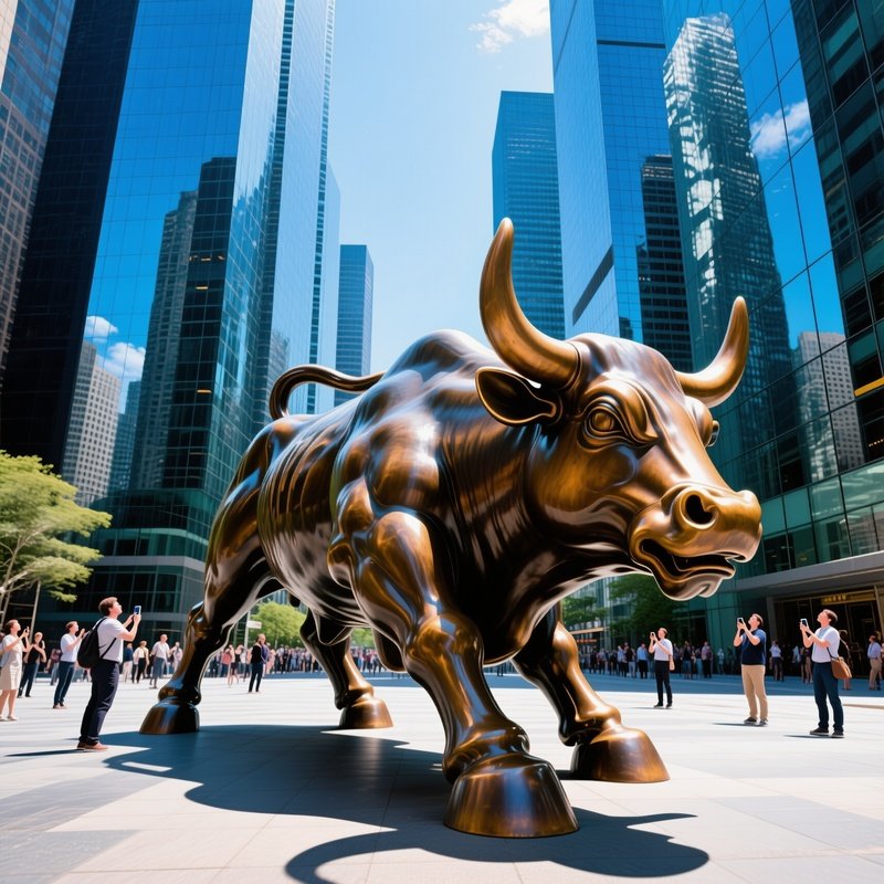 Bronze Bull Charging Through Modern City Plaza