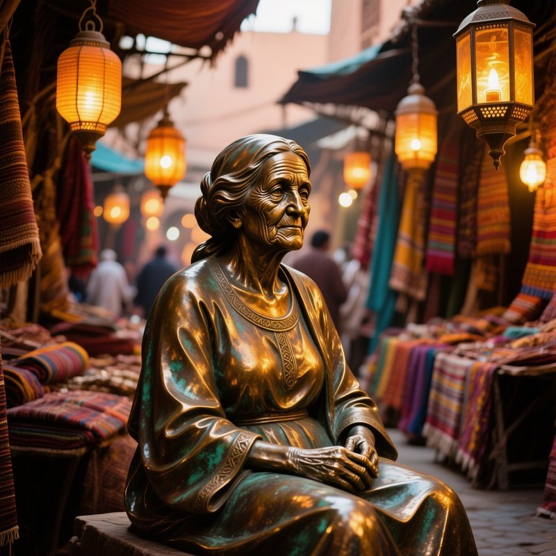 Bronze Bust Elderly Woman Moroccan Market