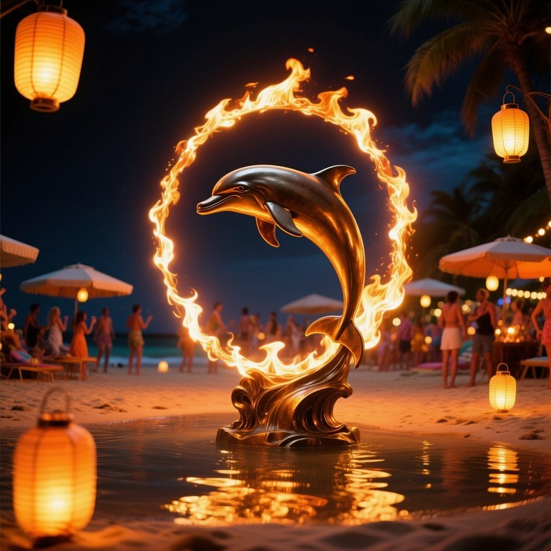 Bronze Dolphin Sculpture Leaping Through Ring Of Fire Night Beach Party