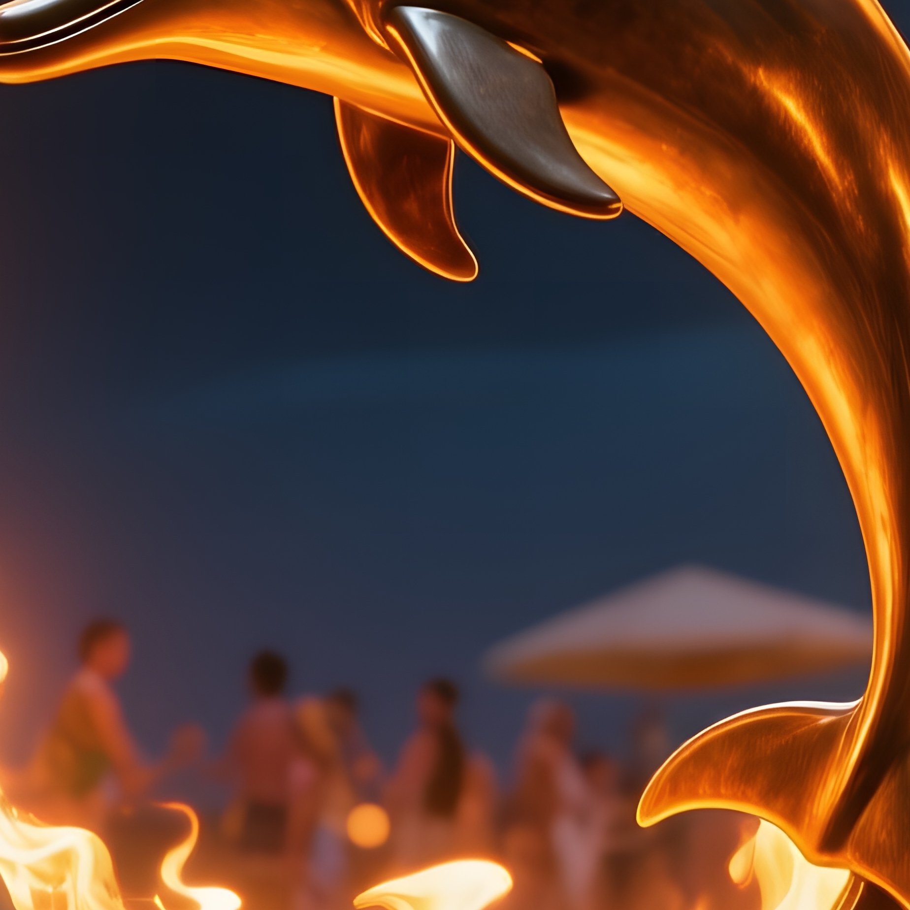 Bronze Dolphin Sculpture Leaping Through Ring Of Fire Night Beach Party - Full Resolution Quality Preview