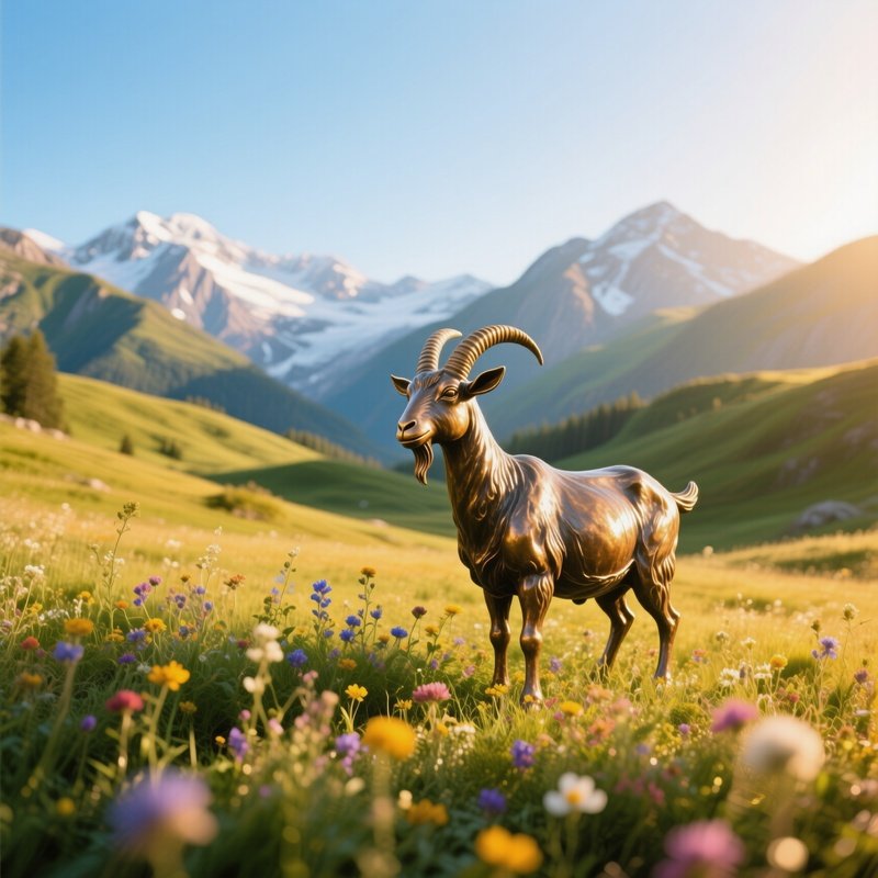 Bronze Goat Statue In Alpine Meadow