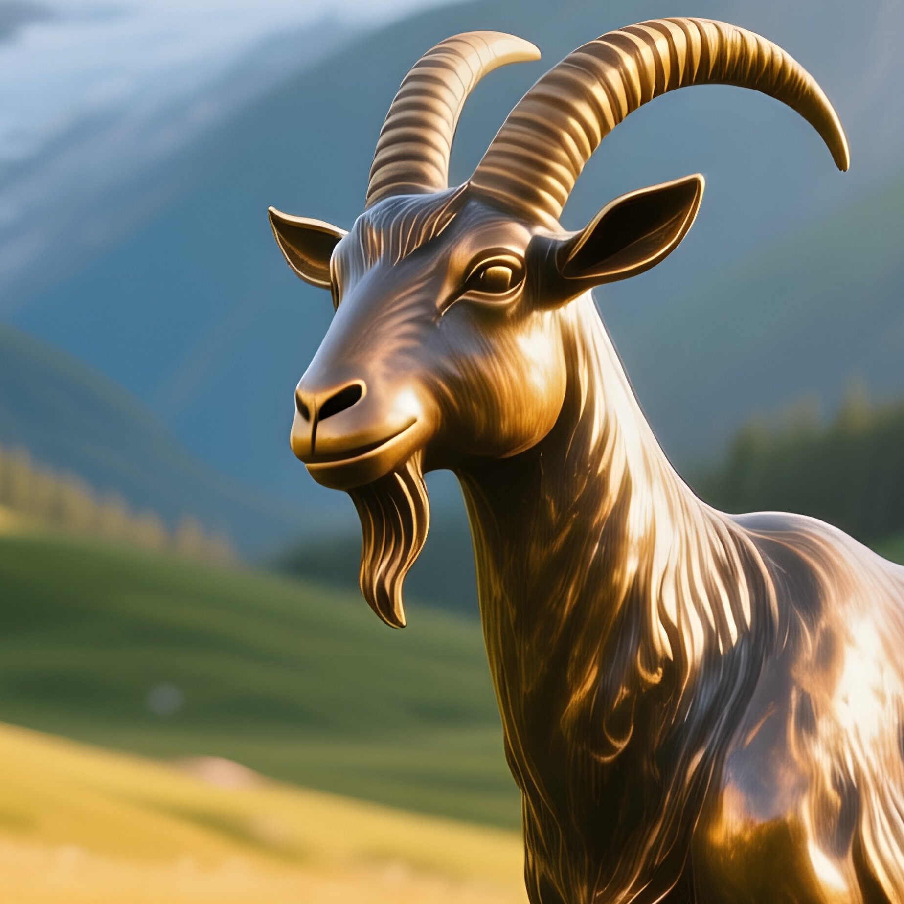 Bronze Goat Statue In Alpine Meadow - Full Resolution Quality Preview