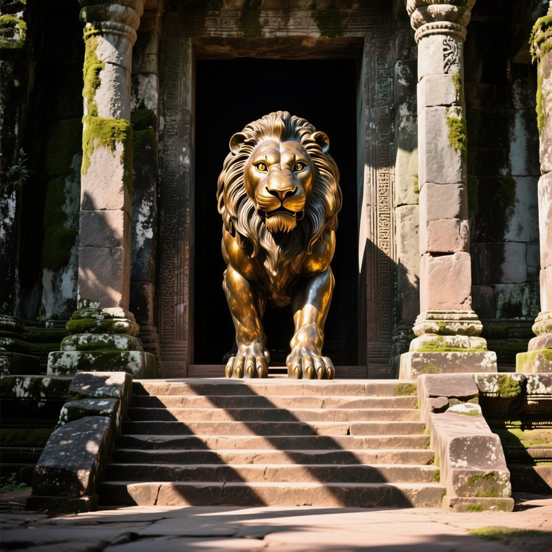 Bronze Lion Guarding Ancient Temple Midday