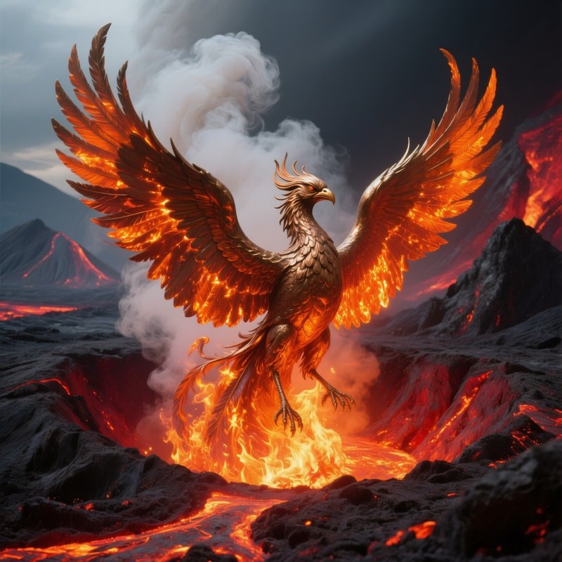 Bronze Phoenix Rising From Smoldering Ashes In Volcanic Crater
