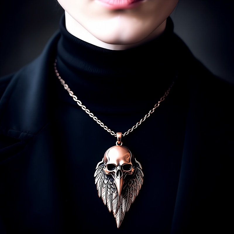 Bronze Raven Skull Necklace Over Black Clothing