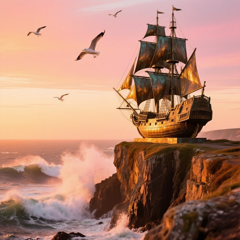 Bronze Sailing Ship On Cliff Golden Hour