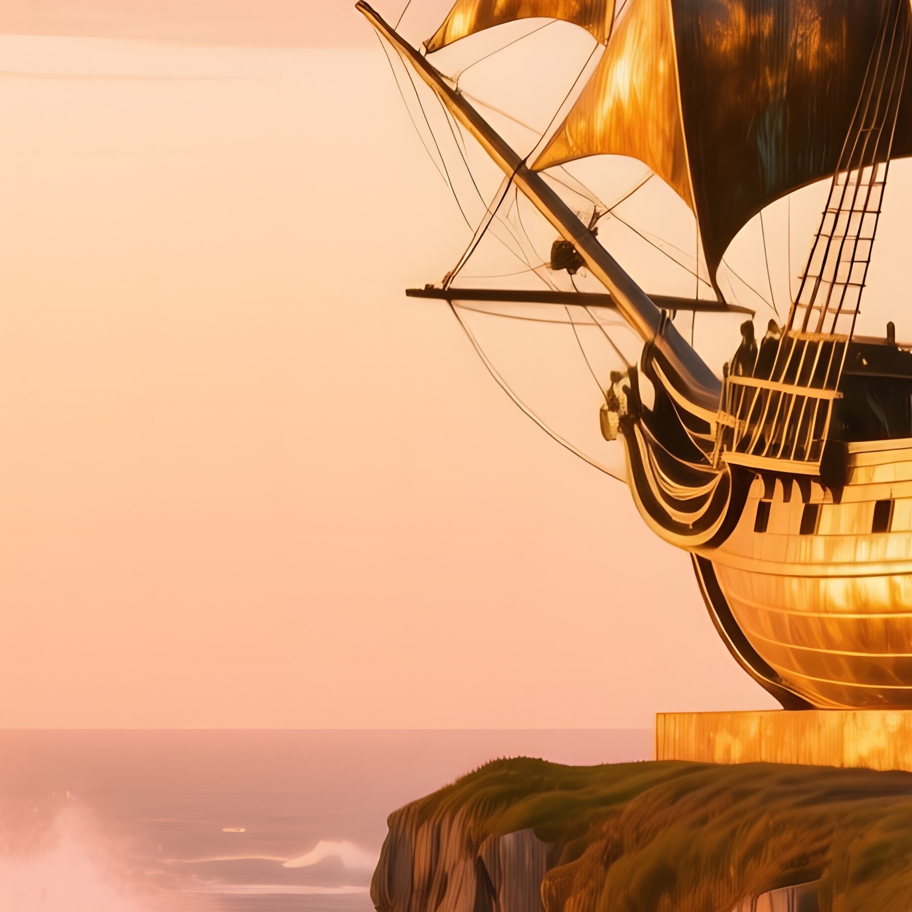 Bronze Sailing Ship On Cliff Golden Hour - Full Resolution Quality Preview