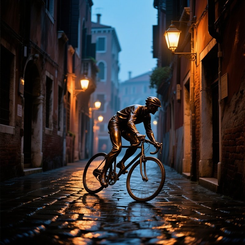 Bronze Silhouette Cyclist Venice Dusk
