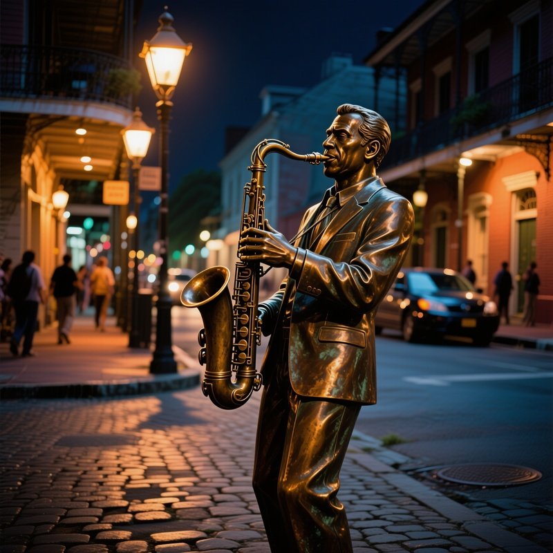 Bronze Statue Jazz Saxophonist New Orleans Night