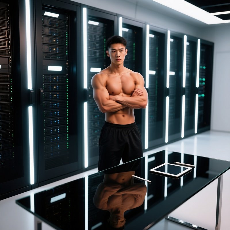 Bronzed Fitness Model By Server Racks