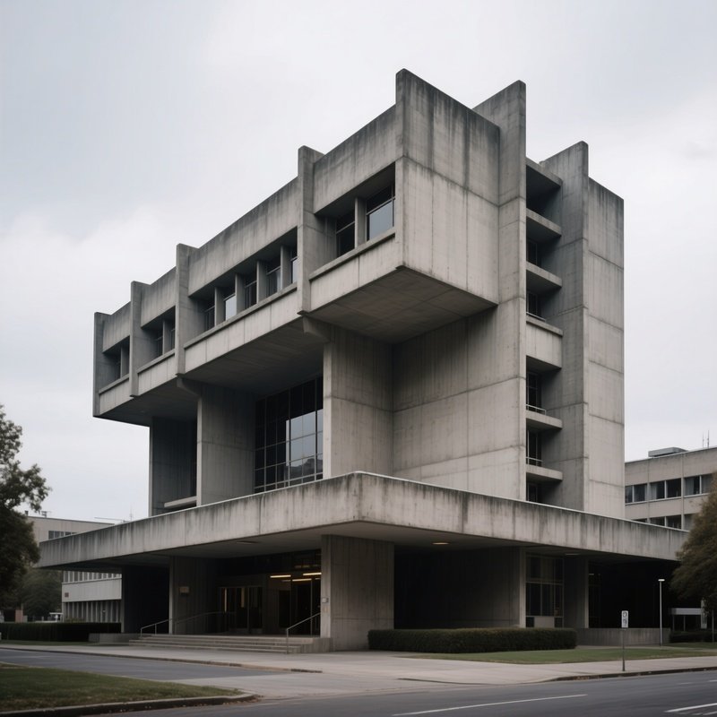 Brutalist Exterior: The Imposing Concrete Facade Of A 1970S Government Administration Building Against A Grey Overcast Sky.