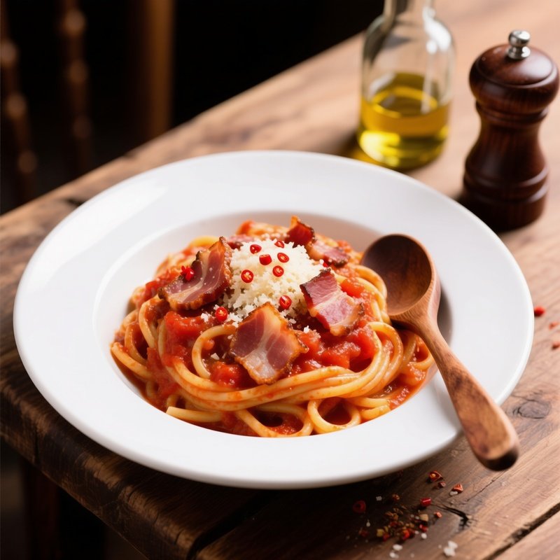 Bucatini All Amatriciana Featuring Bucatini Pasta With Guanciale Tomato Sauce Chili And Pecorino Romano