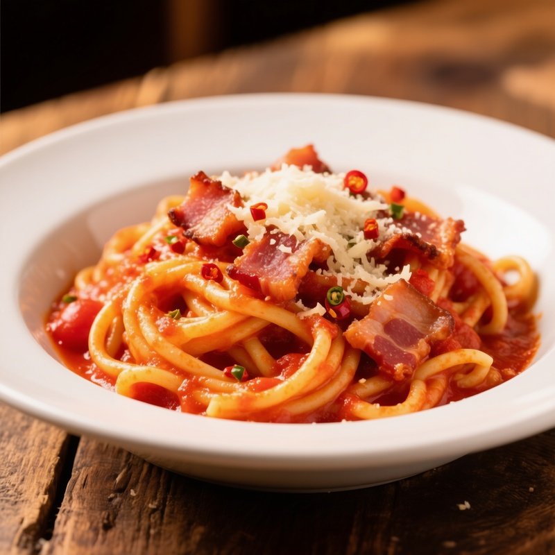 Bucatini All Amatriciana Featuring Bucatini Pasta With Guanciale Tomato Sauce Chili And Pecorino Romano