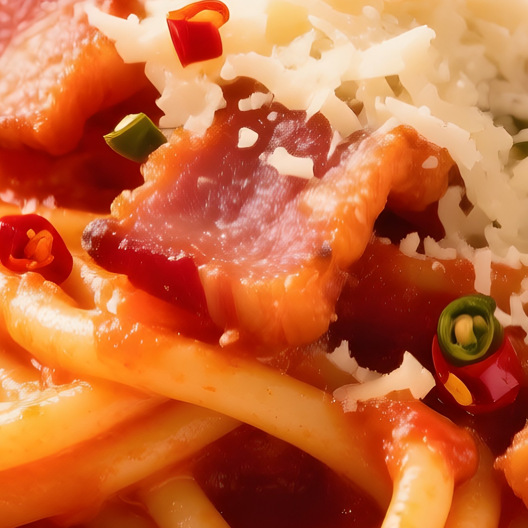 Bucatini All Amatriciana Featuring Bucatini Pasta With Guanciale Tomato Sauce Chili And Pecorino Romano - Full Resolution Quality Preview