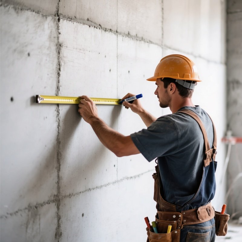 Builder Marking Measurements Concrete Wall