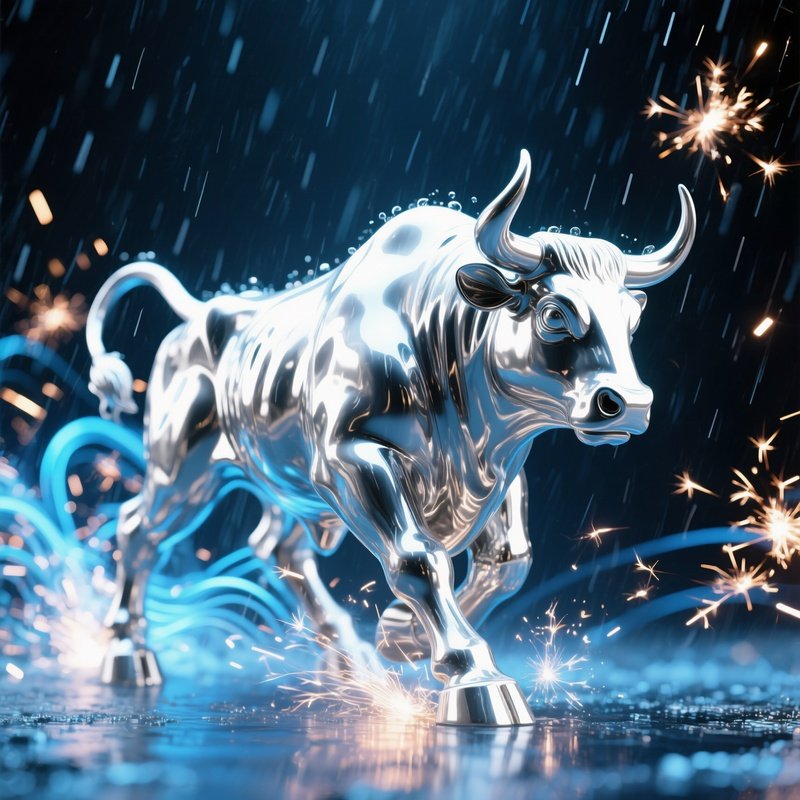 Bull Sculpture Under Sparks Digital Rain