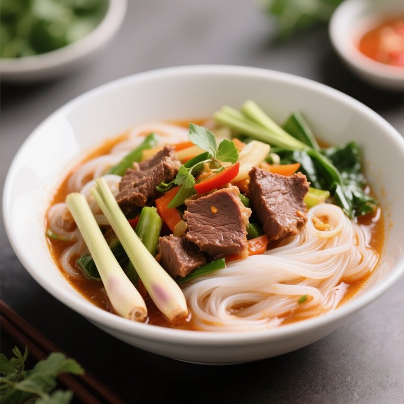 Bún Bò Xào Vermicelli Stir Fried With Beef, Lemongrass, And Vegetables