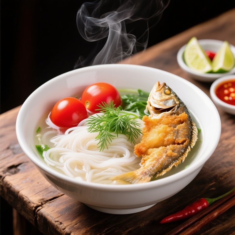 Bun Ca Fish Noodle Soup With Tomatoes Dill And Fried Fish