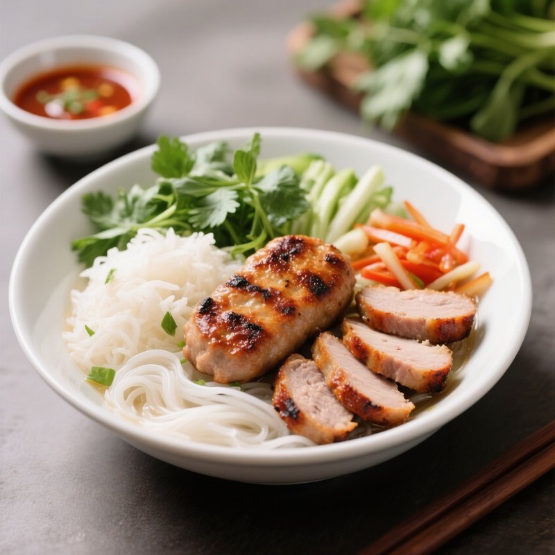 Bún Chả Featuring Grilled Pork Patties And Slices Served With Rice Vermicelli, Herbs, Pickled Vegetables, And Dipping Sauce