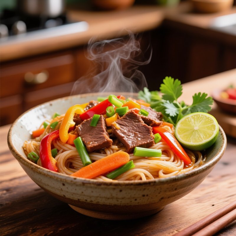 Bun Gao Xao Stir Fried Rice Noodles With Beef And Vegetables