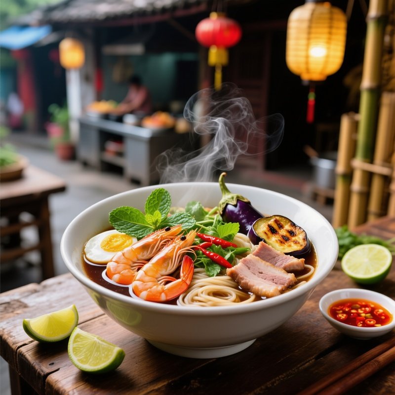 Bun Mam Fermented Fish Noodle Soup With Shrimp Pork Eggplant And Herbs