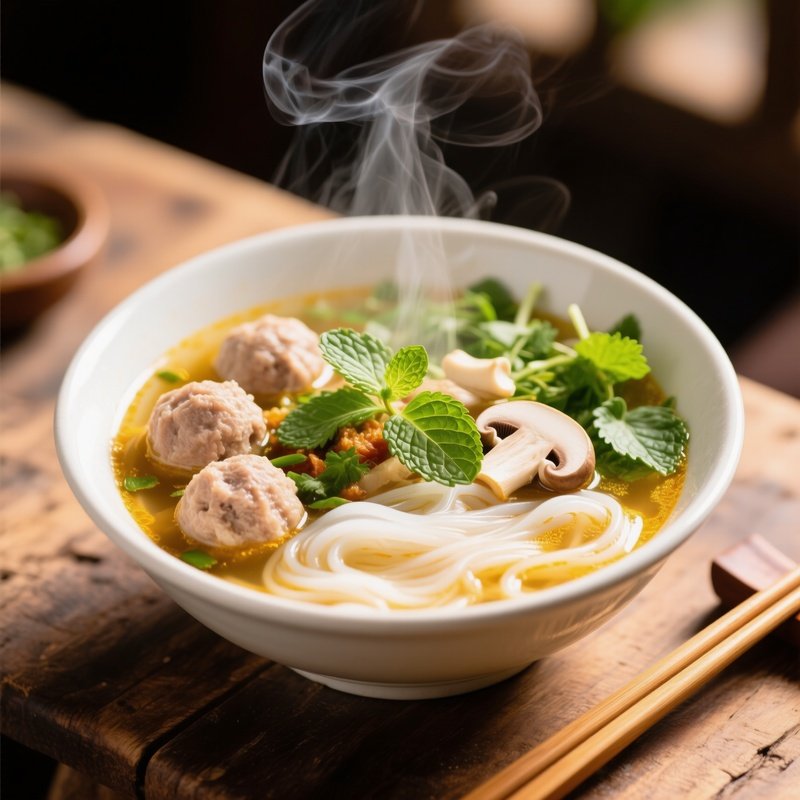 Bun Moc Pork Meatball Noodle Soup With Mushrooms And Herbs