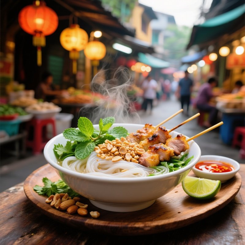 Bun Nem Nuong Vermicelli With Grilled Pork Skewers Herbs And Peanuts