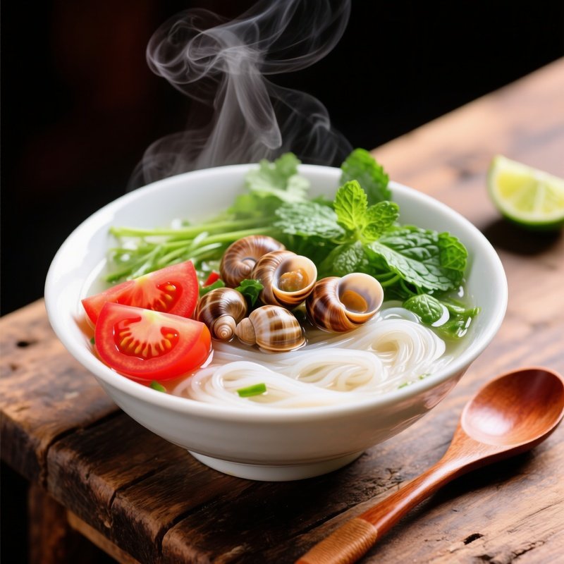 Bun Oc Snail Noodle Soup With Tomatoes Herbs And Rice Vermicelli