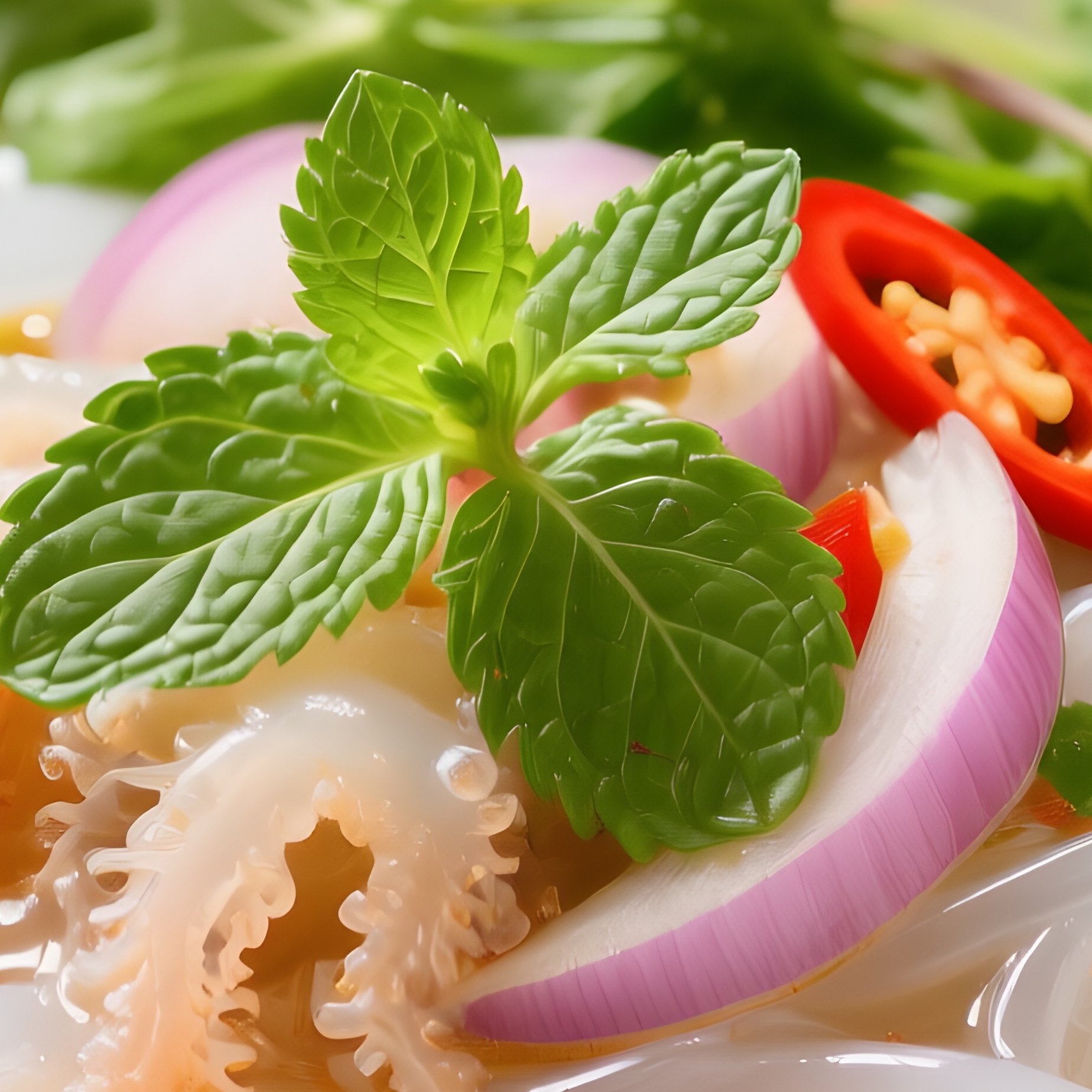 Bun Sua Jellyfish Noodle Soup With Herbs And Light Broth - Full Resolution Quality Preview
