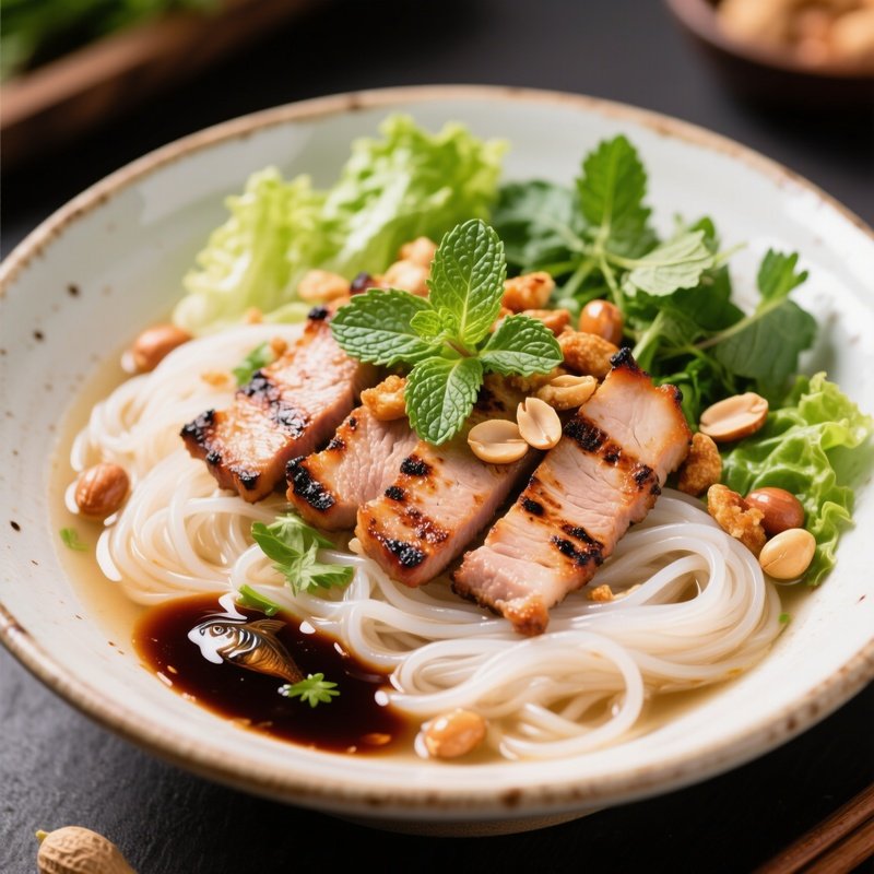 Bun Thit Nuong Vermicelli Bowl With Grilled Marinated Pork Fresh Herbs Lettuce Peanuts And Fish Sauce