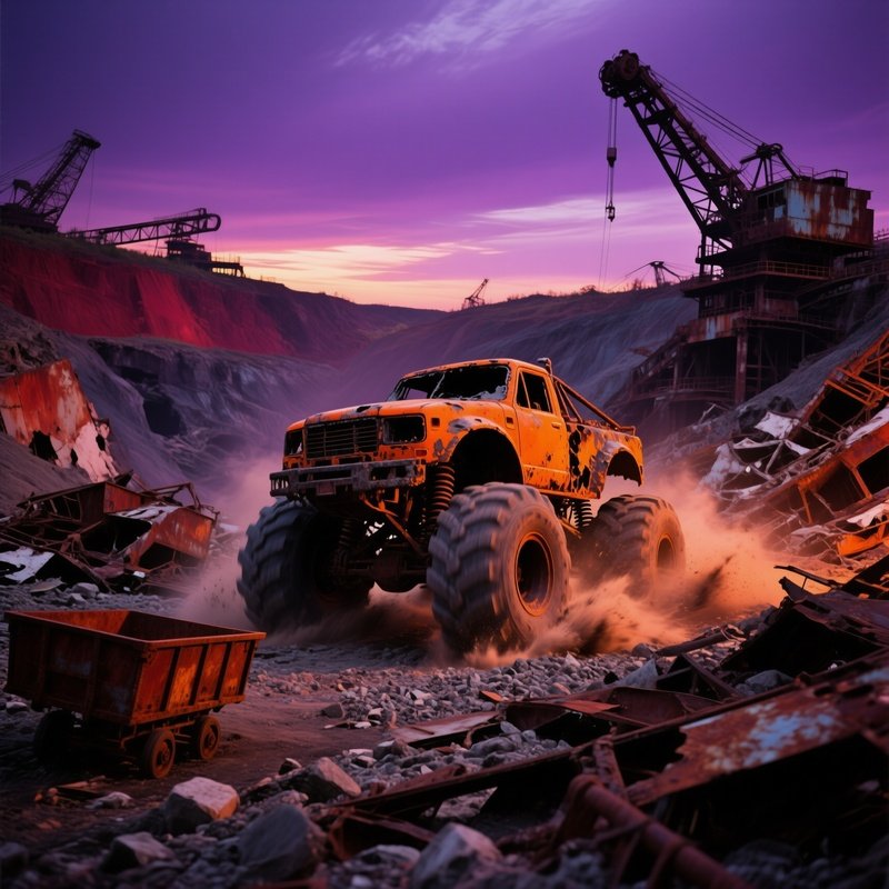 Burnt Orange Monster Truck In Old Mining Pit At Dusk
