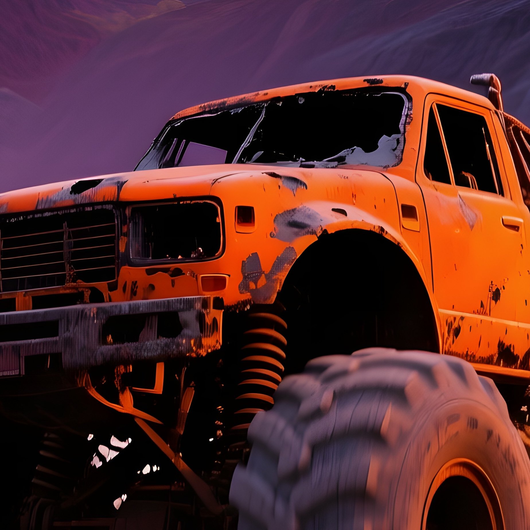Burnt Orange Monster Truck In Old Mining Pit At Dusk - Full Resolution Quality Preview