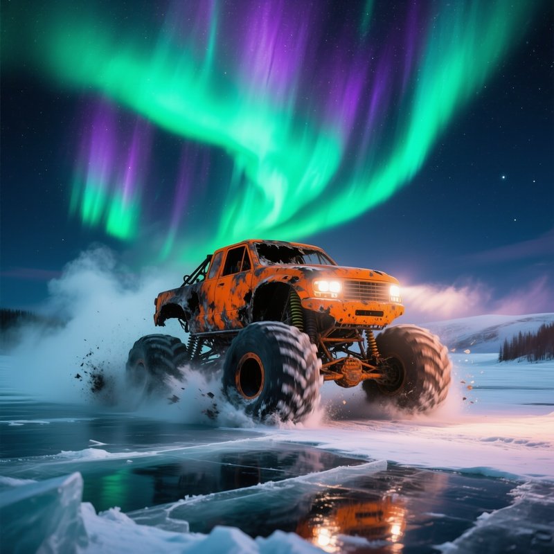 Burnt Orange Monster Truck On Frozen Lake At Night