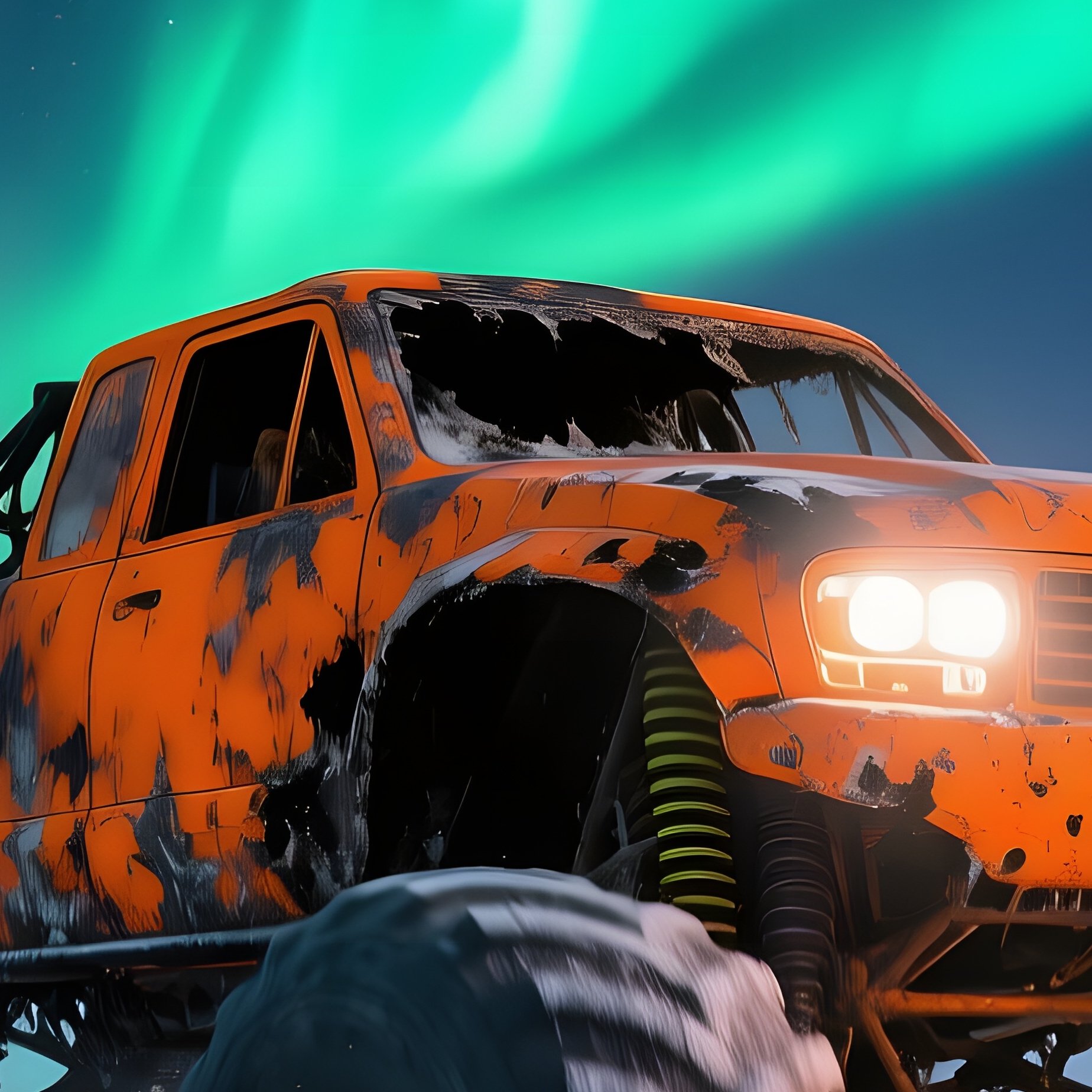 Burnt Orange Monster Truck On Frozen Lake At Night - Full Resolution Quality Preview