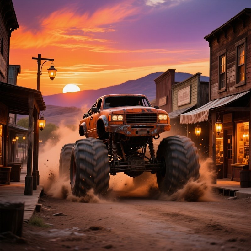 Burnt Sienna Monster Truck Through Western Town Sunset