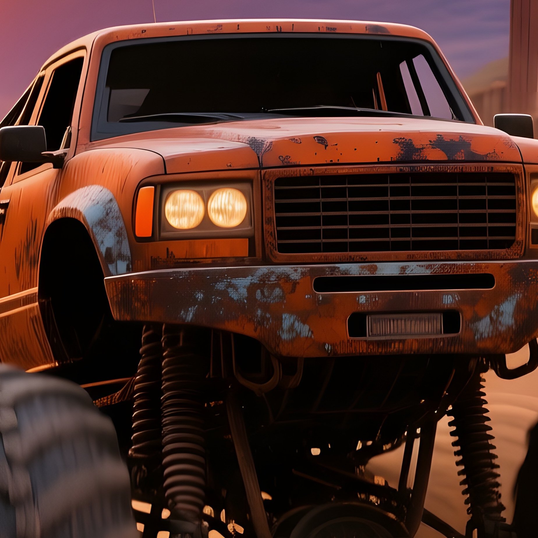 Burnt Sienna Monster Truck Through Western Town Sunset - Full Resolution Quality Preview