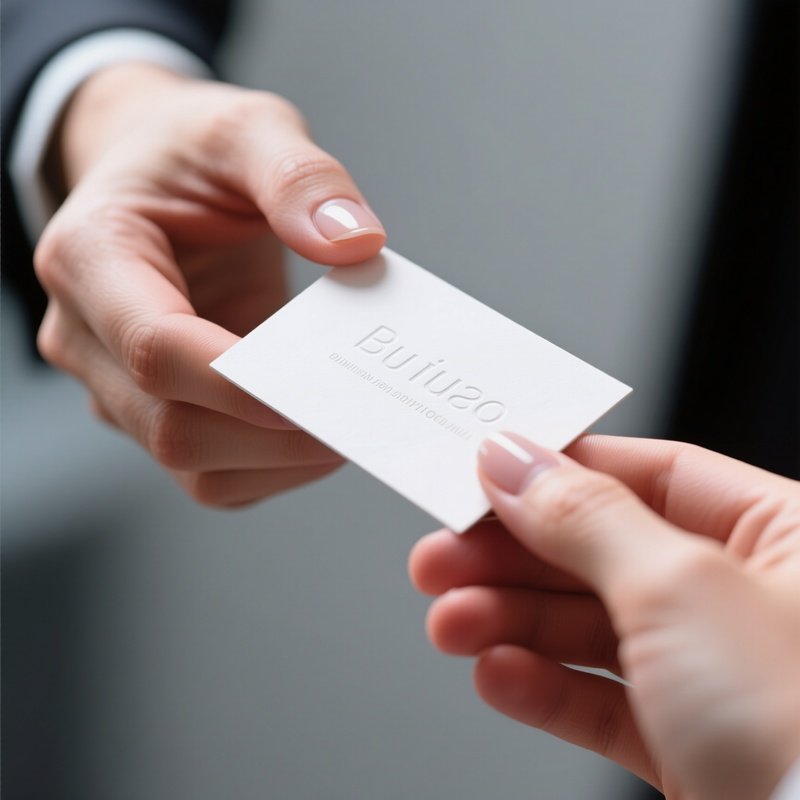 Business Card: A Minimal, Embossed White Business Card Being Handed Over By A Manicured Hand, Focused Shallow Depth Of Field.
