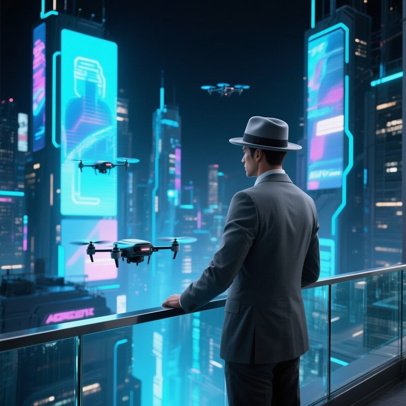 Businessman In Gray Fedora On Glass Balcony Overlooking Futuristic City At Night